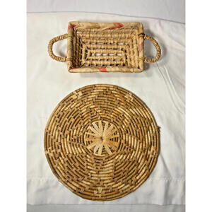 Vintage Handwoven Natural Fiber Trivet Placemat Basket Set Boho Decor